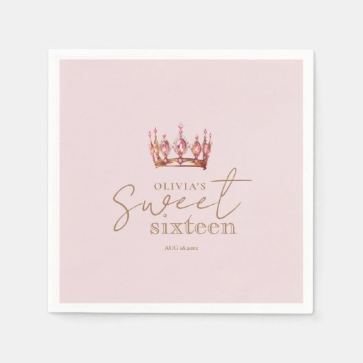 Blush Pink & Gold Sweet 16 Crown Paper Napkin Servet (Voorkant)