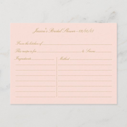 Blush Pink Gold  Swirl Vrijgezellenfeest Recept Uitnodiging Briefkaart (Achterkant)