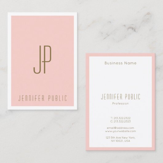 Blush Pink Gold Text Monogram Moderne Verticaal Visitekaartje (Voorkant / Achterkant)