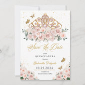 Blush Pink & Gold Tiara Save The Date Quinceañera Kaart (Voorkant)