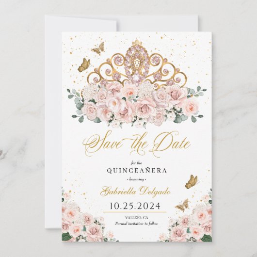 Blush Pink & Gold Tiara Save The Date Quinceañera Kaart (Voorkant)