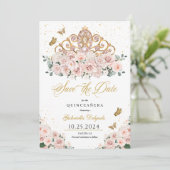 Blush Pink & Gold Tiara Save The Date Quinceañera Kaart (Staand voorkant)