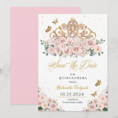 Blush Pink & Gold Tiara Save The Date Quinceañera Kaart (Voorkant / Achterkant)
