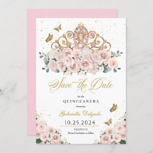 Blush Pink & Gold Tiara Save The Date Quinceañera Kaart