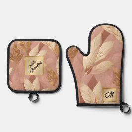 Blush Pink Gold Trendy Boho Leaves Collectie Ovenwant & Pannenlap Set