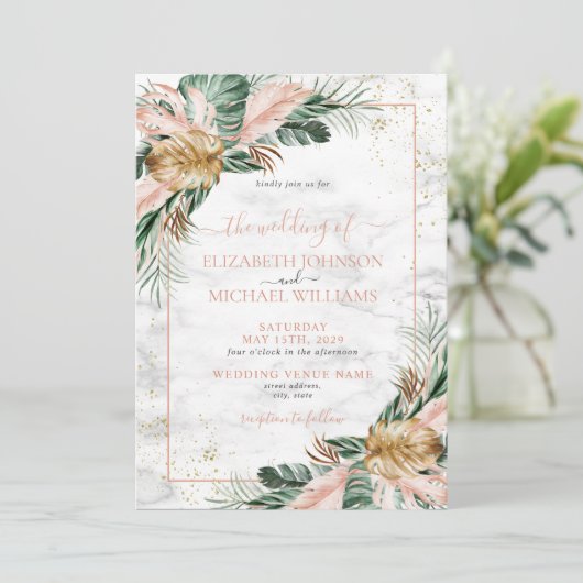 Blush Pink Gold Tropical Boho Chic Wedding Kaart (Staand voorkant)