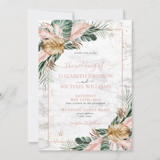 Blush Pink Gold Tropical Boho Chic Wedding Kaart (Voorkant)