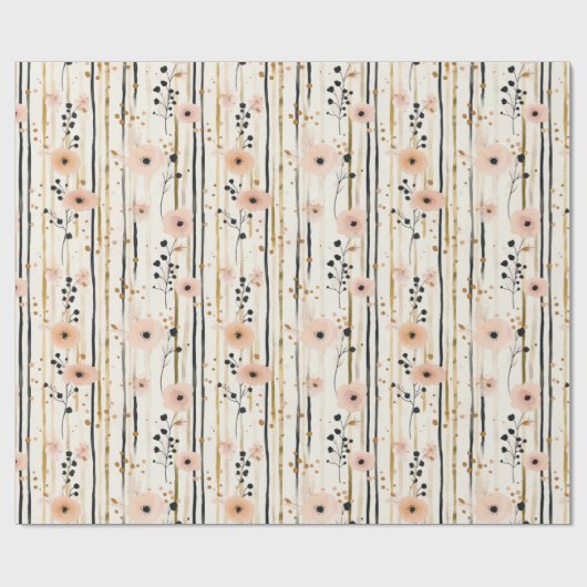 Blush Pink Gold Waterverf Bloemen Stripes Verjaard Cadeaupapier (Vlak)