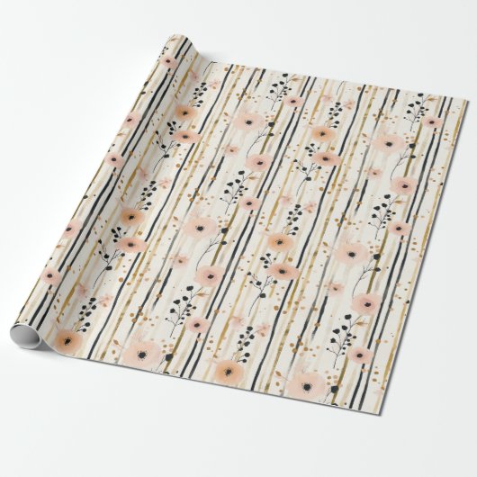 Blush Pink Gold Waterverf Bloemen Stripes Verjaard Cadeaupapier (Uitgerold)