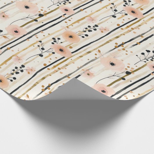 Blush Pink Gold Waterverf Bloemen Stripes Verjaard Cadeaupapier (Hoek)