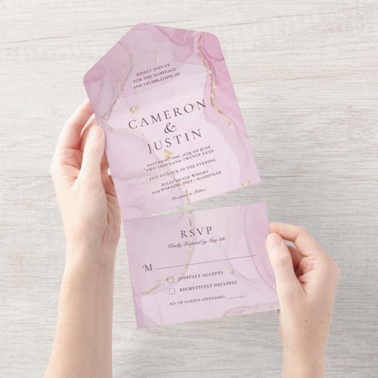 Blush Pink Gold Waterverf Bond in één Invi All In One Uitnodiging (Afscheurbaar)