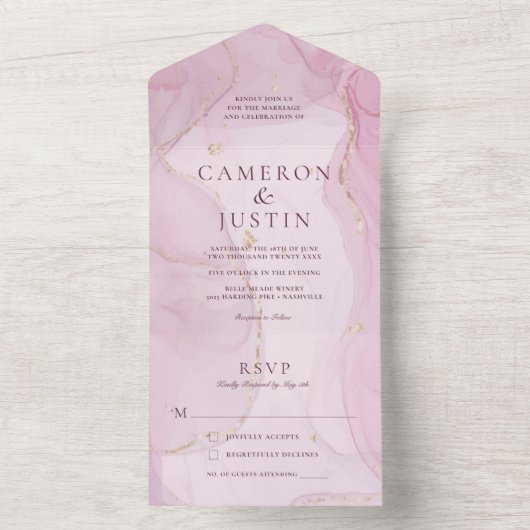 Blush Pink Gold Waterverf Bond in één Invi All In One Uitnodiging (Binnen)