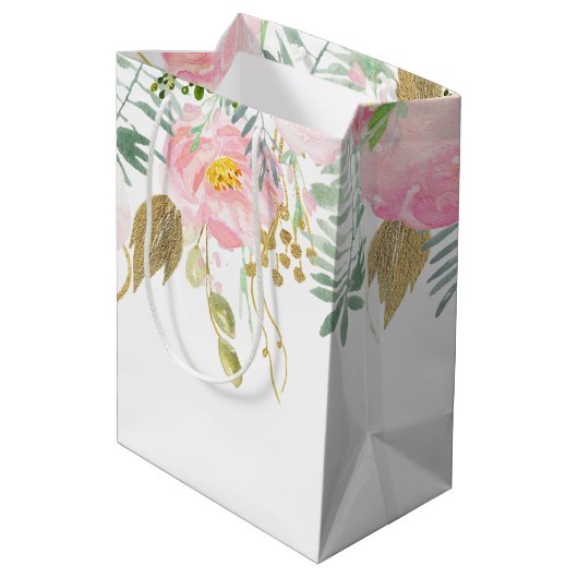 Blush Pink Gold Waterverf Flowers MEDIUM Bags Medium Cadeauzakje (Achterkant Gekanteld)