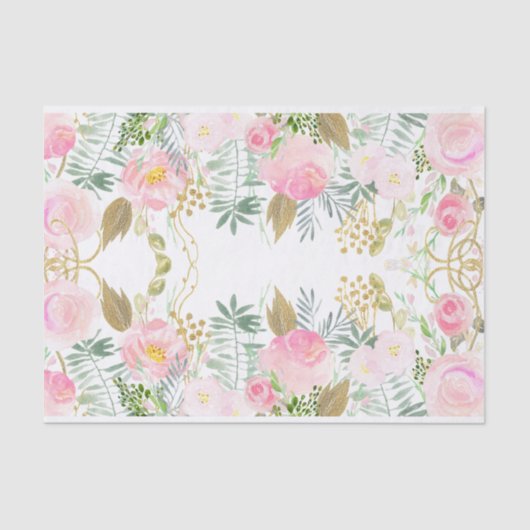 Blush Pink Gold Waterverf Flowers Tissue Paper Tissuepapier (Voorkant)
