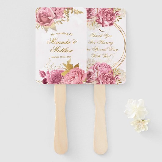 Blush Pink Gold Waterverf Peony Weddenschap Hartel Handwaaier (Voorkant en achterkant)