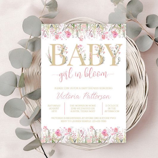 Blush Pink Gold Waterverf Wildflower Baby shower Kaart