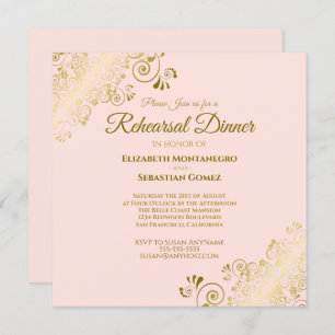 Blush Pink & Gold Weddenrenrepetitie Dinner Square Kaart