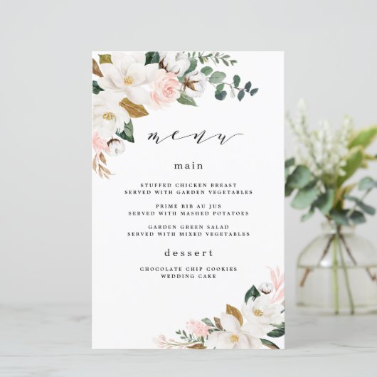 Blush Pink Gold White Floral WeddenMenu Kaarten (Staand voorkant)