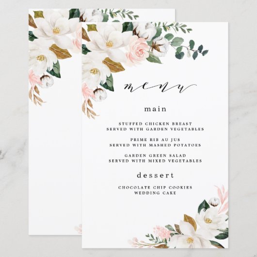 Blush Pink Gold White Floral WeddenMenu Kaarten (Voorkant / Achterkant)