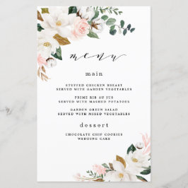 Blush Pink Gold White Floral WeddenMenu Kaarten