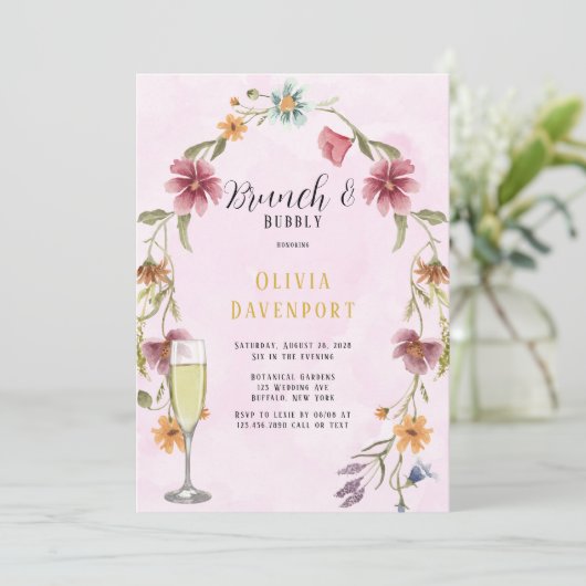 Blush Pink Gold Wildflower Brunch & Bubble Kaart (Staand voorkant)