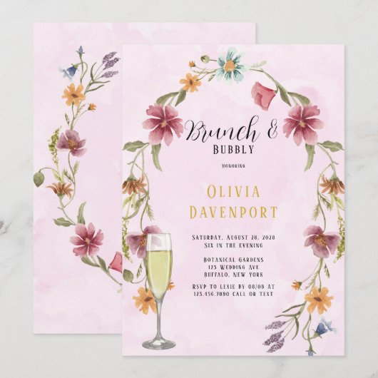 Blush Pink Gold Wildflower Brunch & Bubble Kaart (Voorkant / Achterkant)