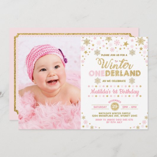 Blush Pink Gold Winter ONEderland 1e verjaardag Kaart (Voorkant / Achterkant)