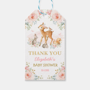 Blush Pink Gold Woodland Animals Baby shower Cadeaulabel