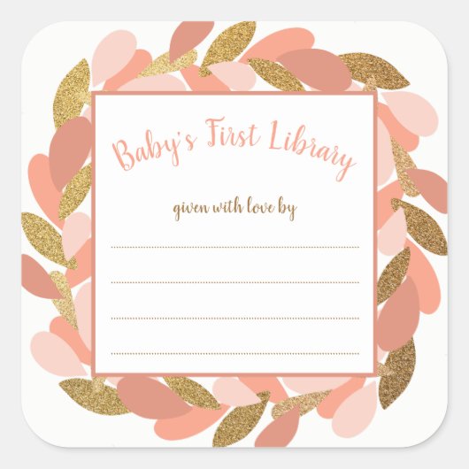 Blush Pink Gold Wreath meisje baby shower boek Vierkante Sticker (Voorkant)