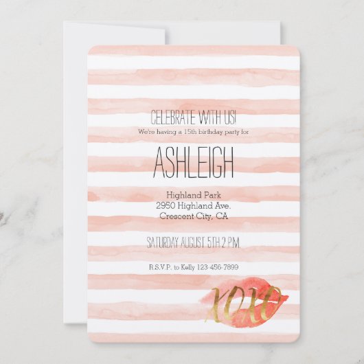 Blush Pink Gold XOXO Waterverf Kiss Kaart (Voorkant)