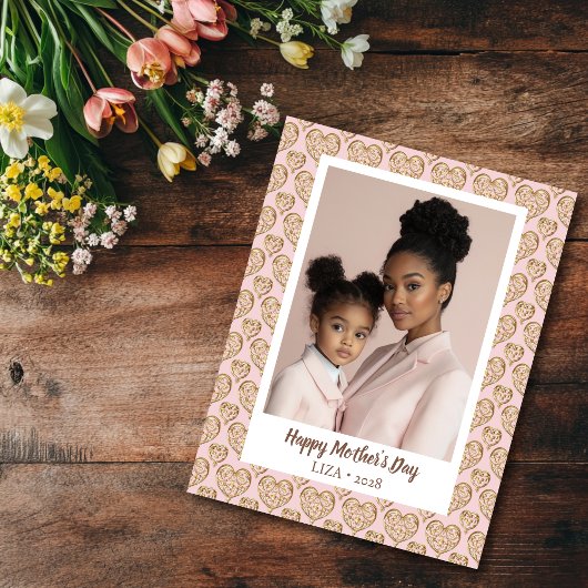 Blush Pink Golden Hearts Moederdag Foto Kaart