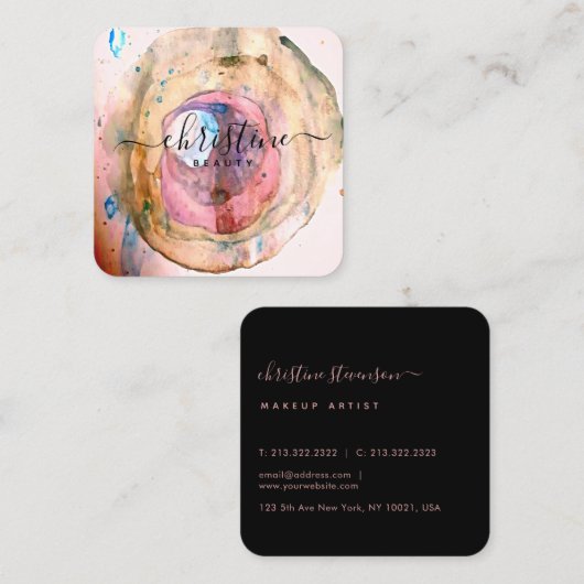 Blush Pink Golden Waterverf Geode Script Vierkante Visitekaartje (Voorkant / Achterkant)