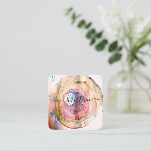 Blush Pink Golden Waterverf Geode Script Vierkante Visitekaartje (Staand voorkant)