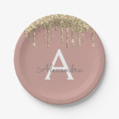 Blush Pink - Gouden Glitter Monogram Verjaardag Papieren Bordje (Voorkant)
