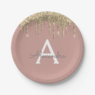 Blush Pink - Gouden Glitter Monogram Verjaardag Papieren Bordje
