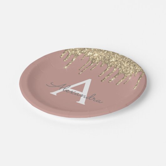 Blush Pink - Gouden Glitter Monogram Verjaardag Papieren Bordje (Gekanteld)
