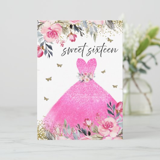 Blush Pink Gown Dress Floral Sweet 16 Party Kaart (Staand voorkant)