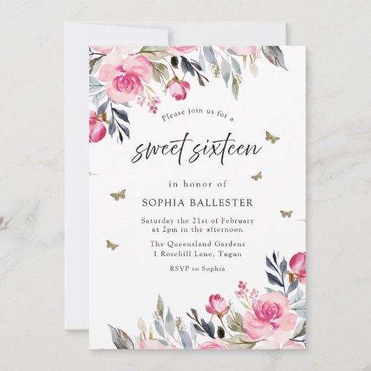 Blush Pink Gown Dress Floral Sweet 16 Party Kaart (Achterkant)