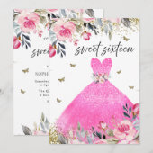 Blush Pink Gown Dress Floral Sweet 16 Party Kaart (Voorkant / Achterkant)