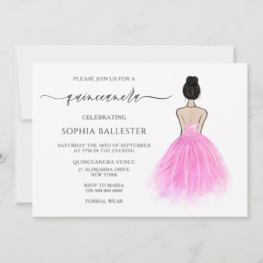 Blush Pink Gown Dress Script Quinceanera Party Kaart (Achterkant)