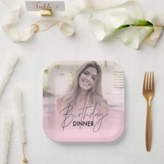 Blush Pink Gradient Photo Birthday Dinner Papieren Bordje (Huwelijk)