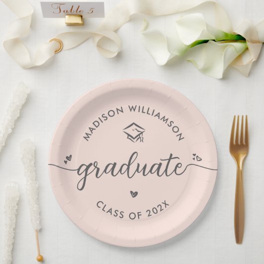 Blush Pink Graduation Gray Script Hearts Cap Bold Papieren Bordje (Huwelijk)