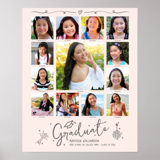 Blush Pink Graduation K–12 Photo Collage Doodles Poster (Voorkant)