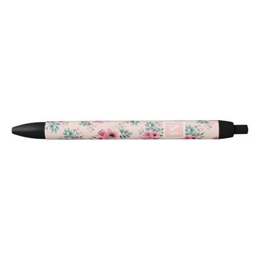 Blush Pink | Grafische Waterverf Floral Monogram Zwarte Inkt Pen (Voorkant)