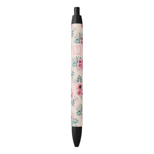 Blush Pink | Grafische Waterverf Floral Monogram Zwarte Inkt Pen (Voorkant Verticaal)