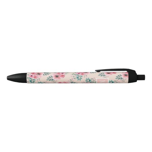 Blush Pink | Grafische Waterverf Floral Monogram Zwarte Inkt Pen (Bovenkant)