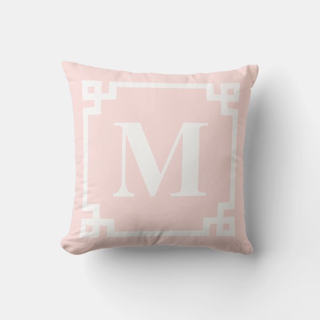 Blush Pink Greek Key Border Monogram Pillow II Kussen (Voorkant)