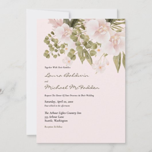 Blush Pink, Green, Elegant Boho Style Wedding Invi Kaart (Voorkant)