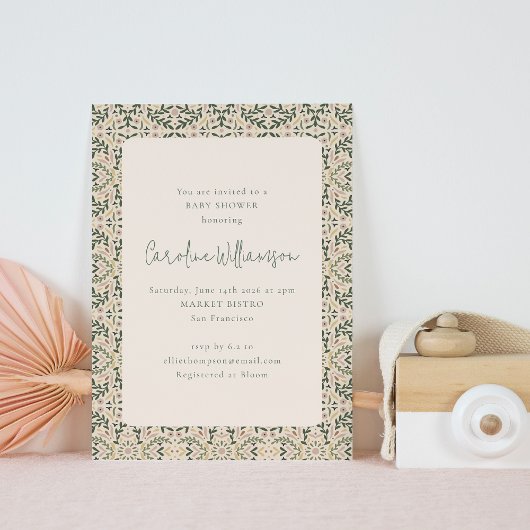  Blush Pink Green Floral Tegel Baby shower Kaart