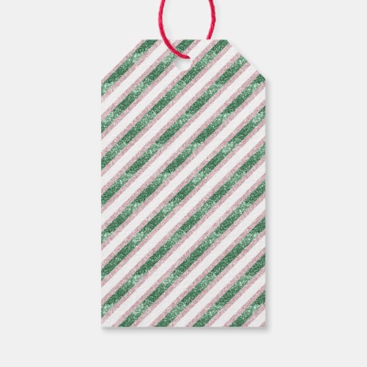 Blush Pink Green Glitter Stripes Christmas Cadeaulabel (Achterkant)